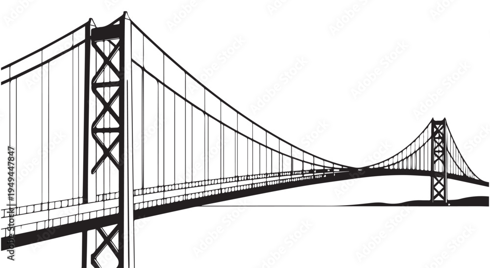 Fototapeta premium A black and white illustration of a large suspension bridge over water