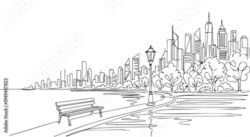 A serene cityscape with a bench overlooking a body of water and a bustling metropolis skyline