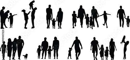 Family silhouettes, parents with children, family bonding, togetherness, parenting art, black silhouette, family love, care, unity, diverse family dynamics