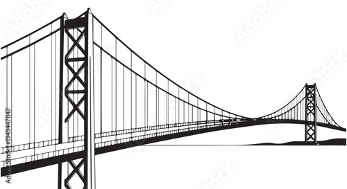 A black and white illustration of a large suspension bridge over water