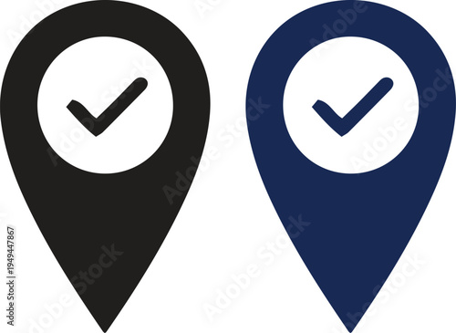 Location icons with checkmarks for navigation and mapping purposes in cities and towns