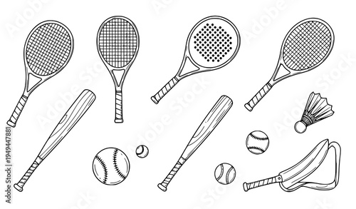 Sports Equipment Line Art Vector Set with Rackets Bats and Balls Doodle Style