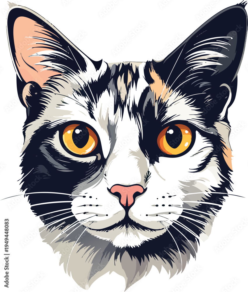 Obraz premium Calico Cat Portrait: A close-up view of a striking calico cat, showcasing its intricate patterns and captivating gaze, a symbol of domestic charm and feline grace.