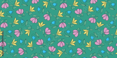 Floral multicolored pattern. Abstract flowers and leaves. Seamless background. Drawing, sketch, and outline. Bright flowers, linear graphics.