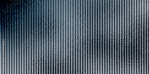 Iridescent ribbed glass background. Light blue frosted reeded wallpaper. Colored corrugated glass texture for door, window, rooftop. Wavy striped blurry surface overlay. Vector backdrop