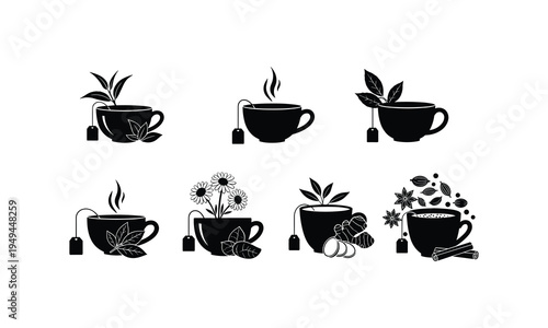 Illustrations of various tea types with unique infusions and decorative elements