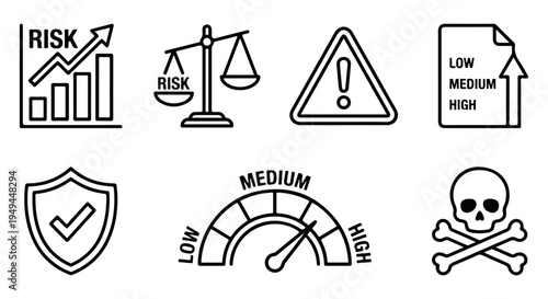 A collection of risk assessment icons and symbols for business and finance concepts
