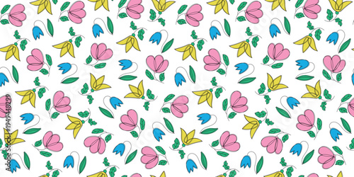 Floral pattern. Abstract flowers and leaves. Seamless background. Drawing, sketch, and outline. Bright multicolored flowers, line art.