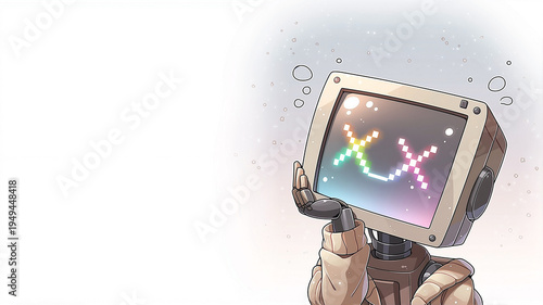 hallucinated AI concept of a cute robot character with a monitor head displaying a colorful digital smile