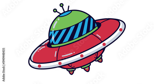 A colorful cartoon illustration of a flying saucer in space with a green dome
