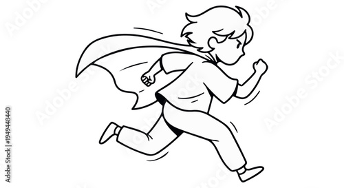 A young boy wearing a cape runs quickly with a sense of freedom and adventure.