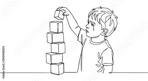 A young boy building a tower with blocks and looking worried about it falling down