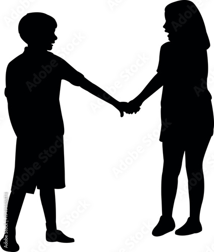 a boy and a girl hand in hand, silhouette vector