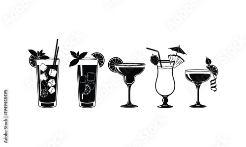 Five stylish black cocktails illustrated in various glassware designs