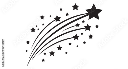 A stylized illustration of a shooting star streaking across the sky with a trail of smaller stars