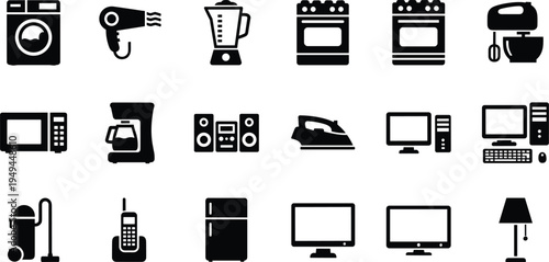 Set of black household appliance icons featuring washing machine refrigerator computer and kitchen electronics isolated on white background for web