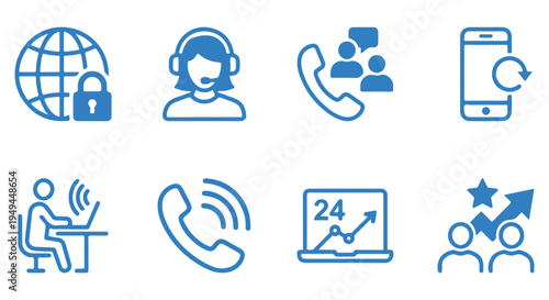 A collection of blue icons representing customer service and support concepts on a Transparent Background
