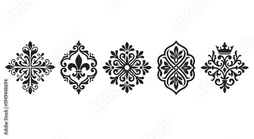 A set of five black ornate designs on a Transparent Background for decorative use