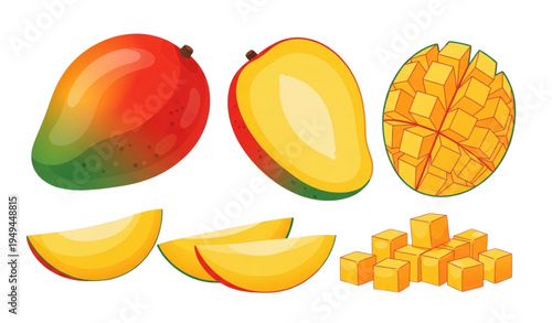Mango Fruit Vector Set with Whole Sliced and Cubed Tropical Mango Illustration