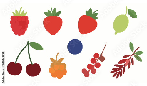 Hand Drawn Berry Collection Vector with Raspberry Strawberry Blueberry and Cherry