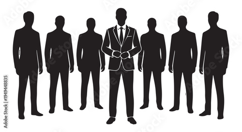 A confident businessman standing out from a group of people in a suit and tie.