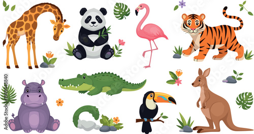Cute Exotic Wild Animal Collection with Giraffe, Panda, Flamingo, Tiger, Crocodile, Toucan, Kangaroo and Hippo Cartoon Vector Illustration Set