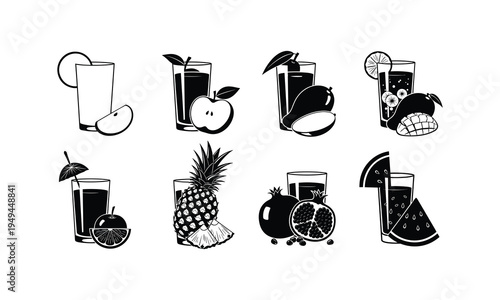 Delicious assortment of illustrated fruit juices in various glasses with garnishes