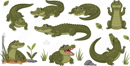 Cute Crocodile Cartoon Character Collection with Different Poses, Smiling Alligator Wildlife Animal Vector Illustration Set for Kids and Nature Designs