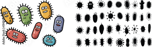 Large set of cute colorful cartoon bacteria microbes and black silhouettes isolated on a grey background for science and health