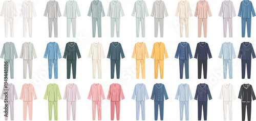 Large collection of colorful pajama sets and sleepwear illustrations in various pastel and dark colors isolated on a grey background