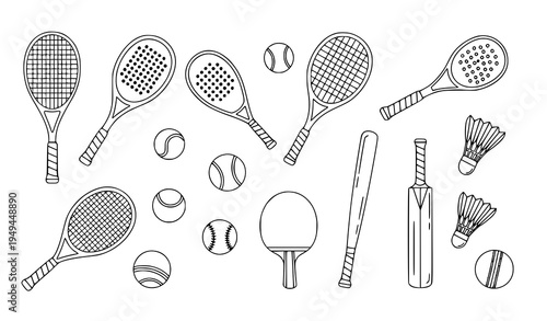 Editable Outline Sports Equipment Vector Icons in Doodle Line Art Style