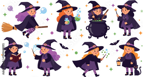 Cute Halloween Witch Character Collection with Magic Broom, Cauldron, Spell Book and Wand Cartoon Vector Illustration Set for Kids

Keywords: