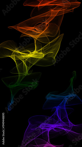 Vibrant rainbow smoke trails rise and swirl elegantly against a deep black background in abstract digital art