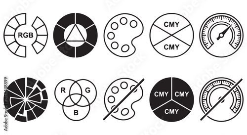 A collection of color model diagrams and palettes for graphic design and printing