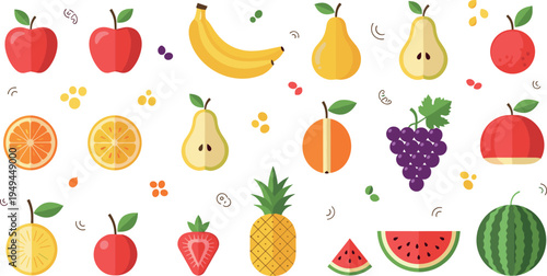 Fresh Fruit Collection with Apple, Banana, Pear, Orange, Grapes, Pineapple, Strawberry and Watermelon Cartoon Healthy Food Vector Illustration Set