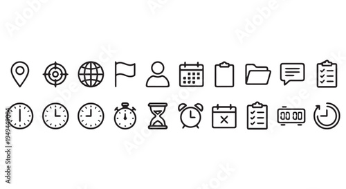 A collection of black and white icons representing time management and organization tools