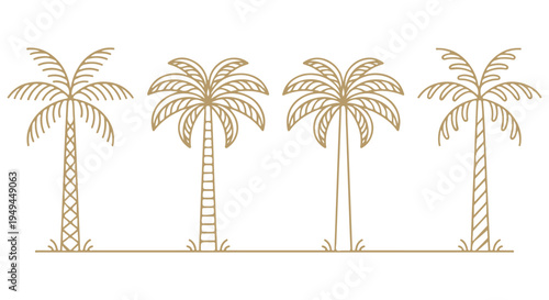 A minimalist line drawing of four palm trees on a Transparent Background with gold lines