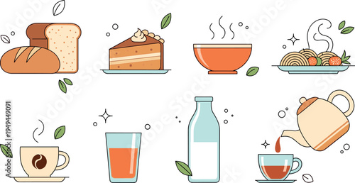 Breakfast Food and Drink Icon Collection with Bread, Cake, Soup, Pasta, Coffee, Tea, Juice and Milk Minimal Line Vector Illustration Set