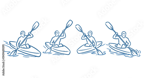 A person kayaking on calm water in different paddling positions and motions illustrated in blue lines