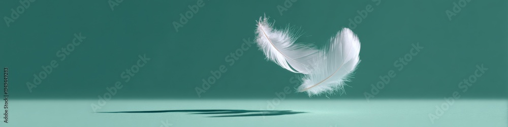 Obraz premium Single white feather falling toward teal surface with dynamic shadow, graceful airborne plume mid-descent capturing motion, softness and contrast in minimalist composition