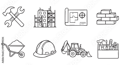 A collection of construction icons including tools and equipment for building and development projects