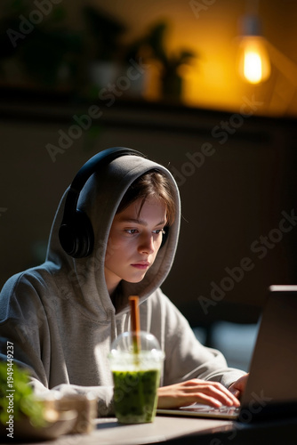 Focused young woman in a grey hoodie using a laptop and wearing headphones at night, cozy home office