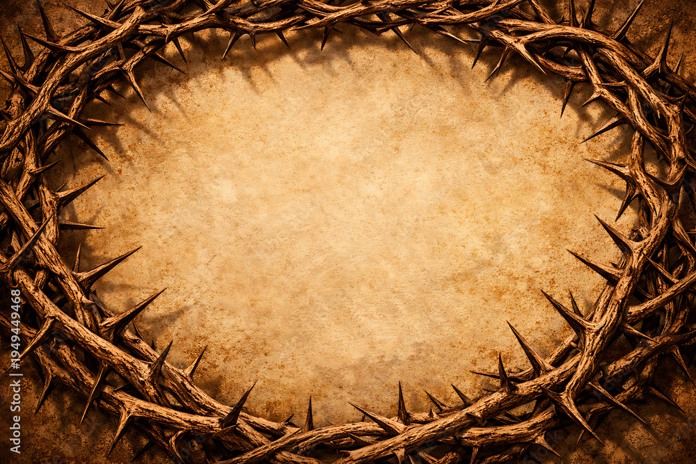 Fototapeta premium Crown of thorns frame over an old parchment paper background for good friday invitations and to honor the crucifixion of jesus christ during the season