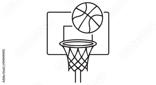 A basketball going through a hoop in a simple line drawing style