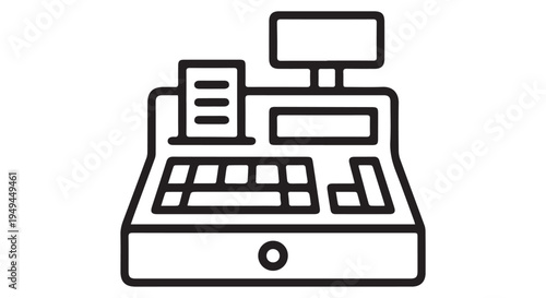A simple black and white illustration of a modern cash register with a computer monitor