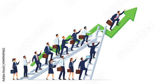 Ambitious Professionals Climbing Ladder and Growth Arrow Flat Design Vector EPS10 Stock.eps