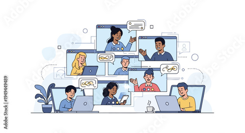 Video conference with diverse professionals remote work collaboration flat vector illustration EPS10 Stock.eps