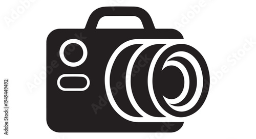 A black and white illustration of a camera on a plain background