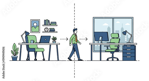 Flat line art illustration showing a man s hybrid work transition EPS10 Stock.eps