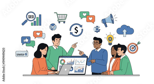 Diverse team analyzing digital marketing strategy with data Modern flat illustration EPS10 Stock.eps